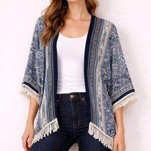NWT Anthropologie Rolfe Blue and Cream Boho Short Kimono OS